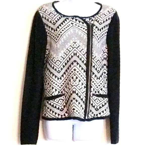 Lucky Brand Black & White Geometric Aztec print Cardigan Sweater. Size Large. - Picture 1 of 16